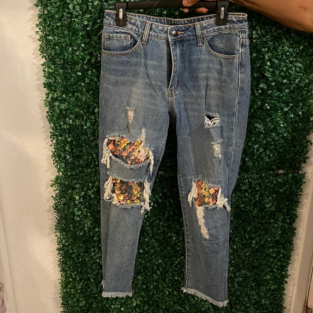 NWOT- Ripped sequin jeans